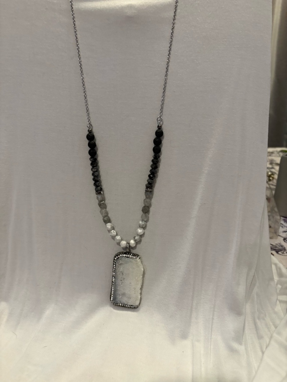 Silver and Black Beaded Druzy Pendant Necklace